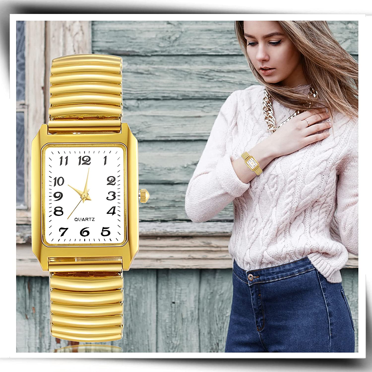 JewelryWe Women's Ultra Thin Easy Reader Watch with Elastic Strap, Golden/Silver Watch - Image 5